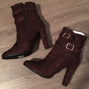 Suede Dark Brown Booties Gold Buckle Decor